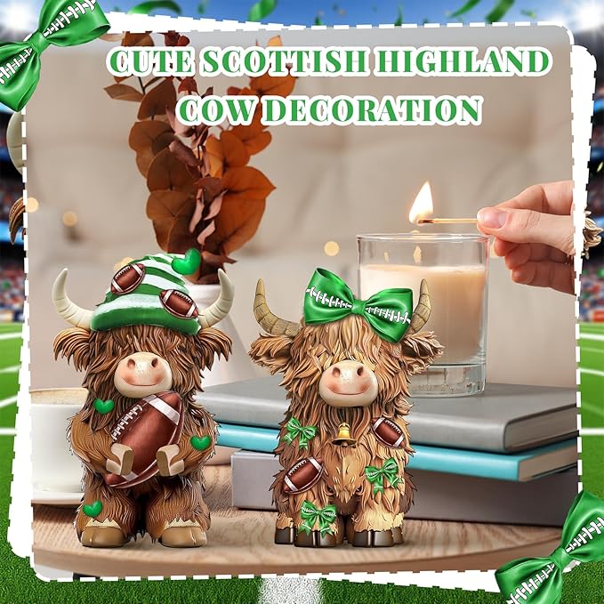 2 Pack Football Highland Cow Resin Figurine Decor Bathroom Highland Cow Gnomes with Football Scarf Resin Statue for Garden Table Shelf Home Decor Calf Gnome Herd Gifts