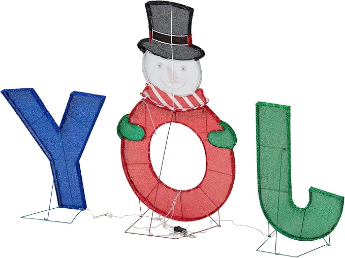 SUNJOY 4 FT Large Christmas Lighted Joyous Snowman, 2D Tinsel Santa Joy Display Set Outdoor Garden Yard Lawn Festive Holiday Decoration with Lights for Indoor & Outdoor