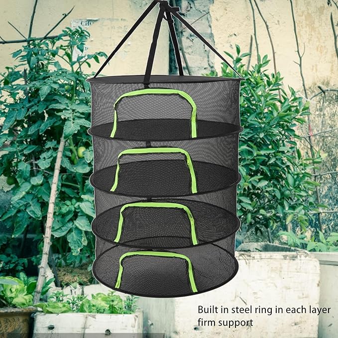 Cyrank Herb Drying Rack, 4/6 Layer Hanging Mesh Net for Plants Seeds Buds, Foldable Plant Drying Net with Storage Bag, 23.6" Diameter Fit in Grow Tents Closets Hydroponics, Zipper Closure(4 Layer)