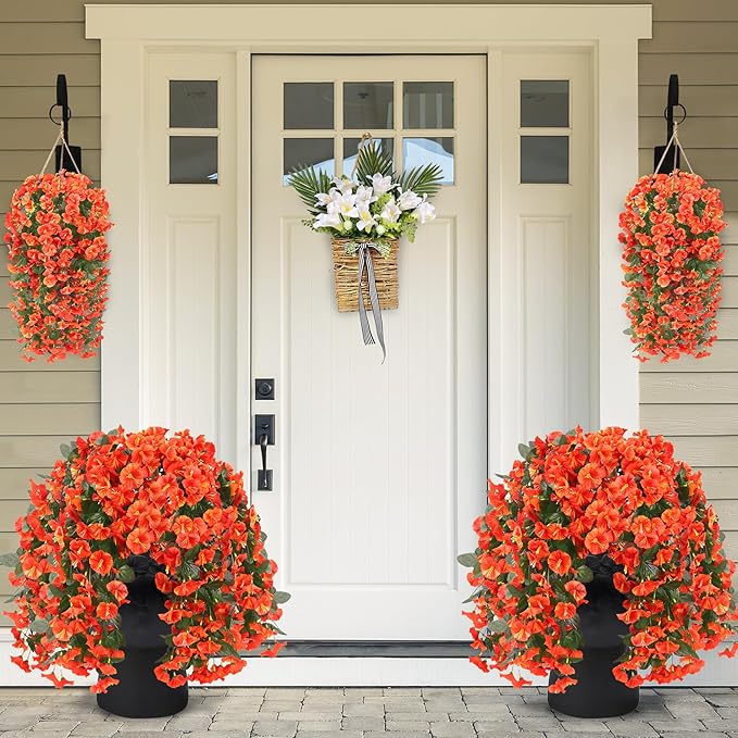 Sggvecsy Artificial Fake Hanging Flowers Plants for Outdoor Outside Spring Summer Decoration 2PCS Faux Silk UV Resistant Realistic Morning Glory Trailing Vines for Home Porch Patio Balcony(Orange)