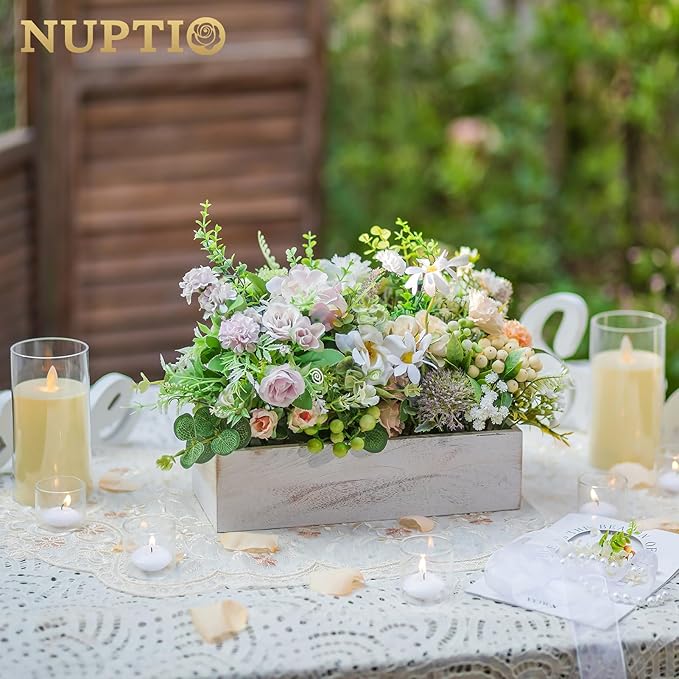 NUPTIO Wooden Box Centerpiece for Table: 2 Pcs 11.8" Long Wood Rectangle Planter Boxes - Farmhouse Washed White Planters for Fall Wedding Dining Living Room Window Mantel Table Decor