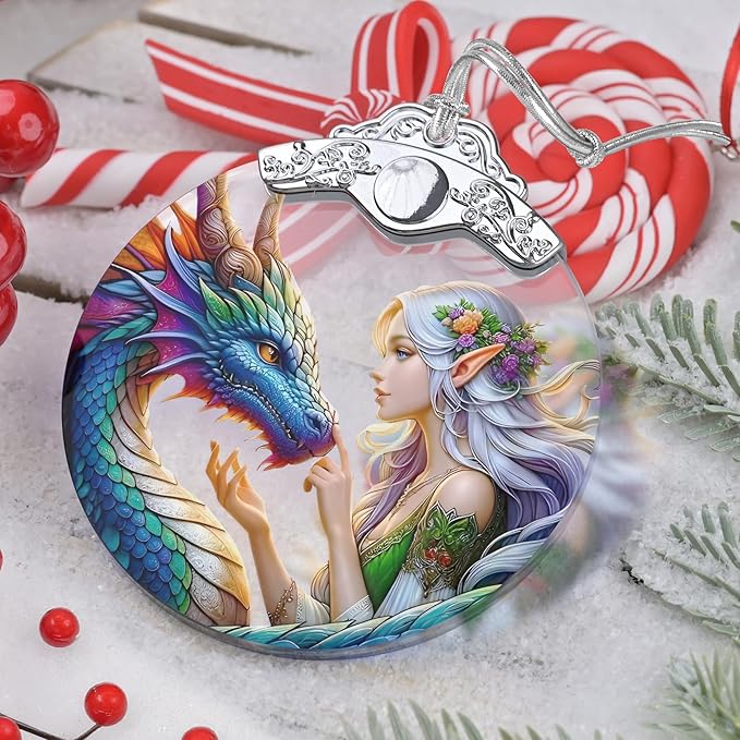 Enchanted Elf & Dragon Christmas Ornament - Stained Glass Hanging Decor - Tree Decoration - Gift for Friends, Sisters