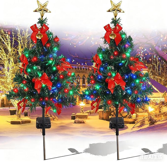 Solar Christmas Tree Lights Holiday Decorations, Outdoor Christmas Tree Waterproof Solar Xmas Garden Stake Lights, Prelit Xmas Trees for Outside Holiday Display Yard (Light+Bow, 2 Pcs)