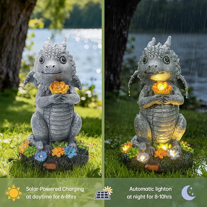 Solar Garden Outdoor Statues Dragon Holding Flower with Solar LED Lights - Lawn Decor Outdoor Statue for Patio, Balcony, Yard Ornament,Housewarming for Mom Grandma