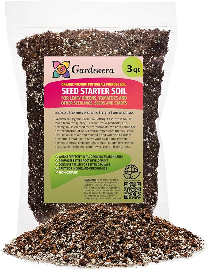 GARDENERA Organic Premium Potting All Purpose Soil - Seed Starter Soil for Leafy Greens, Tomatoes and Other Seedlings, Seeds and Starts - (3 Quart Bag)