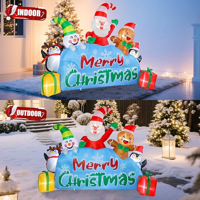 VCUTEKA Christmas Inflatables Outdoor Decorations, 8.6FT Blow Up Santa Claus, Penguins, Snowman, Gingerbread Man, Animated Christmas Inflatable Yard Decoration with LED Lights for Holiday Lawn Garden