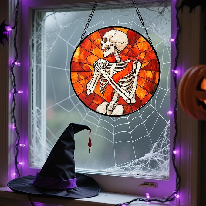 Stained Glass Window Hanging - Halloween Decorations Fear Skeleton Suncatcher for Doors Garden Indoor Spooky Funny Sun Catchers Gothic Decor Horror Gifts for Women Men Friend 7.8 in