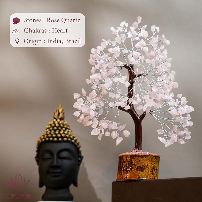 ZENFULSTONE Rose Quartz Crystal Tree of Life for Love & Healing Décor for Home and Office | Handmade Bonsai for Emotional Support & Harmony as Symbol of Piece for Loved Ones