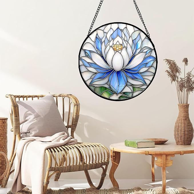 Stained Glass Window Hanging - Blue and White Lotus Petal Suncatcher for Doors Window Home Sun Catchers Decor Christmas Mother's Day July Birthday Gifts for Teacher Women Men Mom Nana 6.3 in