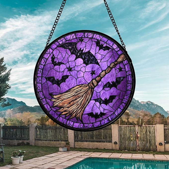 Stained Glass Window Hanging 4 Pcs Set Purple Gothic Theme 7.8" - Horror Halloween Suncatcher Door Garden Sun Catcher Decor Birthday White Elephant Gifts for Mom Woman Men Friend