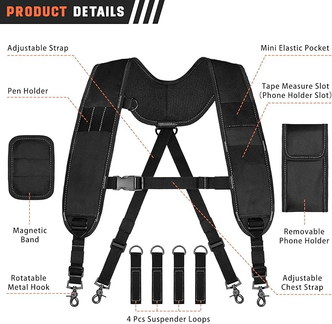 Tool Belt Suspenders, Tool Bag Suspenders, Work Belt Suspender with Magnetic Wristband and Loop Attachment, Padded Construction Suspender for Carpenter, Electrician, Framer, Black