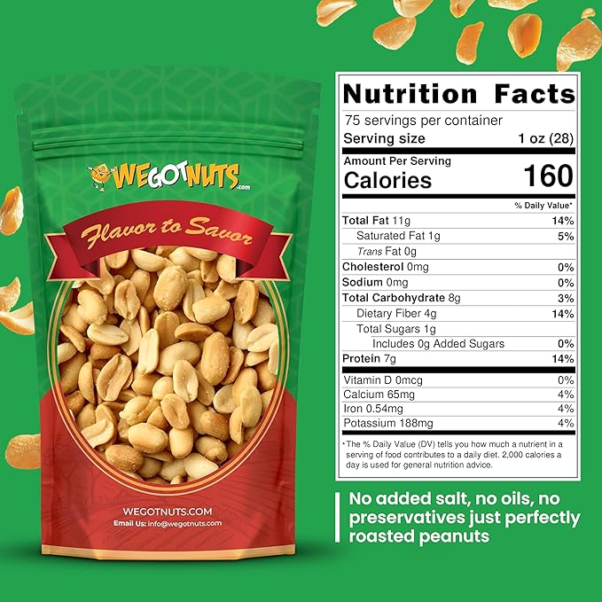 Roasted Unsalted Peanuts 5 Pounds (80oz) By We Got Nuts – Premium Quality Kosher Peanut – Healthy & Natural Rich Flavor Snack – Great For DIY Homemade Peanut Butter – Air-Tight Resealable Bag Package