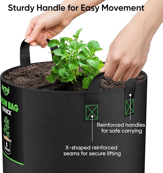 10 Gallon 10-Pack Plant Grow Bags: 350G Thickened Nonwoven Potatoes Grow Bags with Handles, Black Aeration Fabric Flowers Pots Felt Planter Garden Bags for Growing Vegetables Fruits Tomatoes Herbs
