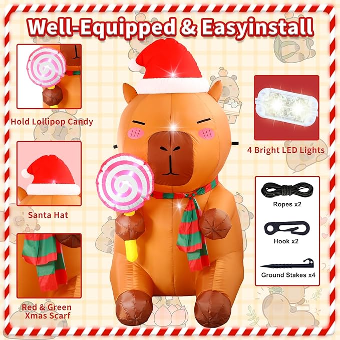 anroog Christmas Inflatable Outdoor Decorations Capybara Inflatables 4.92ft Christmas Blow Up Capybara Hold Lollipop Candy Yard Decor with Led Lights Xmas Holiday Garden Lawn Outside Decor