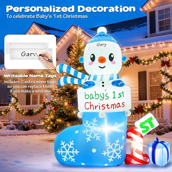 Christmas Inflatable Outdoor Decorations, 6 FT Inflatables Babys First Christmas Stocking Snowman Yard Decor, Built-in LED Lights Blow up 1st Xmas DIY Name Ornament for Indoor Outside Lawn Garden(Boy)