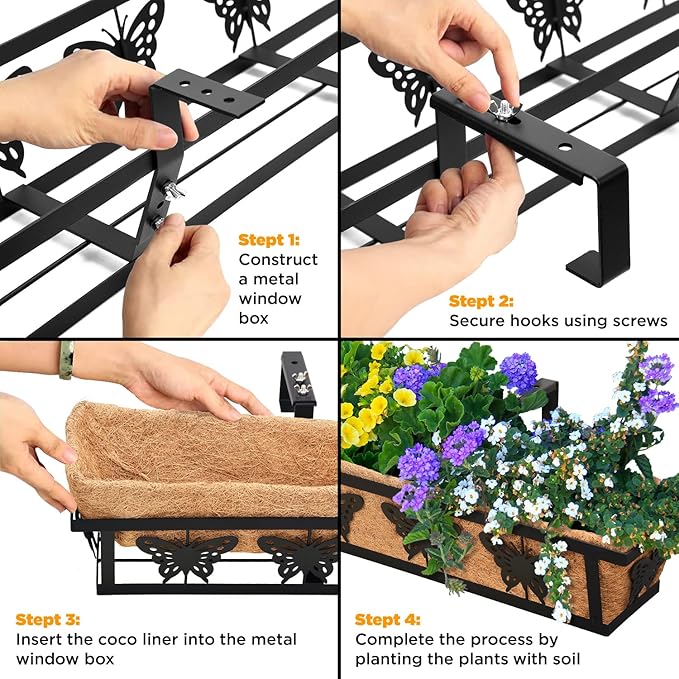 Window Box Railing, 36IN Black Metal Hanging Flower Planter Basket with Coco Liner for Outdoor Balcony Porch Fence Patio for Home, Office and Hotel (Black - 4 Pcs/Set)