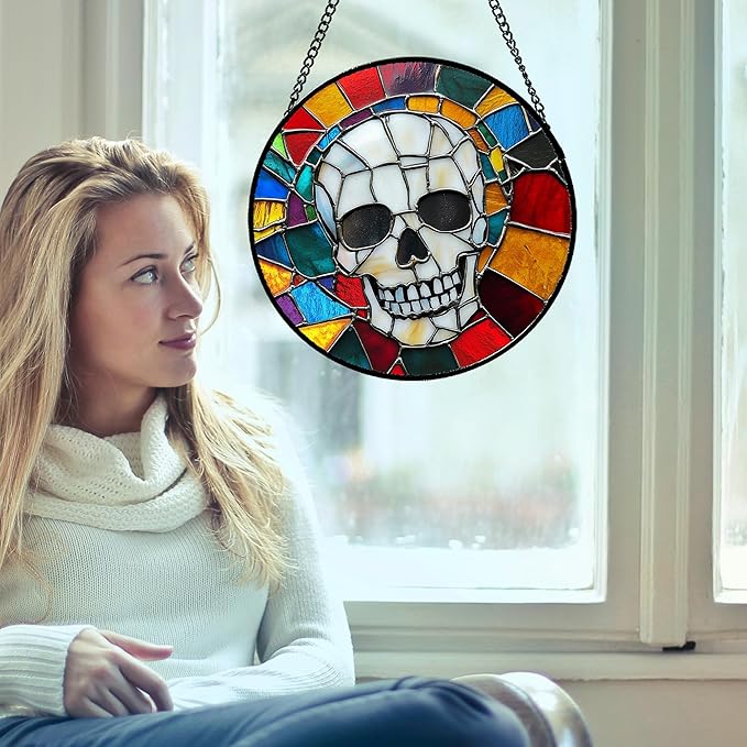 Stained Glass Window Hanging Halloween Horror White Skull Large 11.8" - Suncatcher Door Garden Kitchen Sun Catcher Home Gothic Decor Birthday for Mom Men Woman Friend Grandma