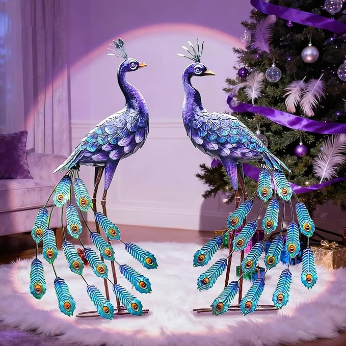 Kircust Purples Peacock Garden Statue and Sculpture, Metal Peacocks Yard Art Lawn Decor, Large Birds Garden Sculptures & Statues for Patio Backyard Pond Home Decoration