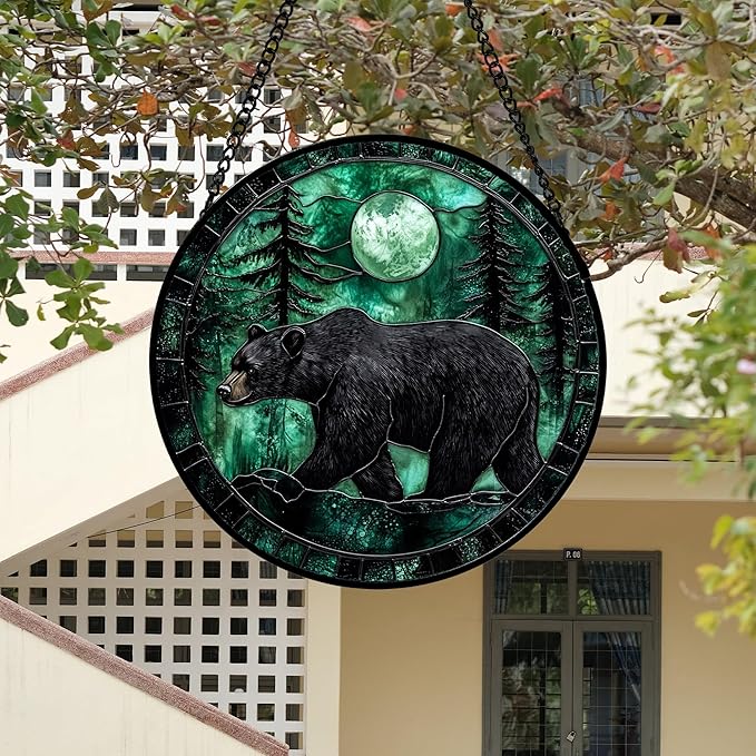 Stained Glass Window Hanging 4 Pcs Set Green Forest Night Sky Wildlife 7.8" - Suncatcher Door Garden Sun Catcher Decor Birthday for Mom Woman Nana Men Friend