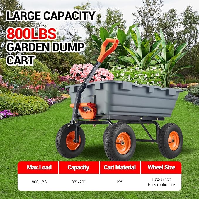 Garvee 800 LBS Poly Garden Dump Cart, Heavy-Duty Wheelbarrow with 10 in Tires, 180° Rotating Handle, Steel Frame and Quick Release System Garden Dump Cart for Soil Plants Gardening Tools Wood