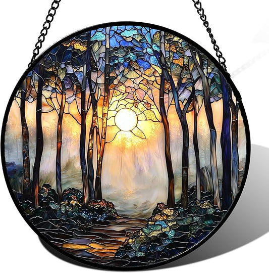 Stained Glass Window Hanging, Forest Sunrise Smoke Blue Brown Tree Suncatcher for Doors Window Home Landscape Sun Catchers Decor Mother's Day Birthday Gifts for Women, Men Mom 15 in