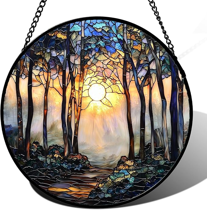 Stained Glass Window Hanging, Forest Sunrise Smoke Blue Brown Tree Suncatcher for Doors Window Home Landscape Sun Catchers Decor Mother's Day Birthday Gifts for Women, Men Mom 11.8 in