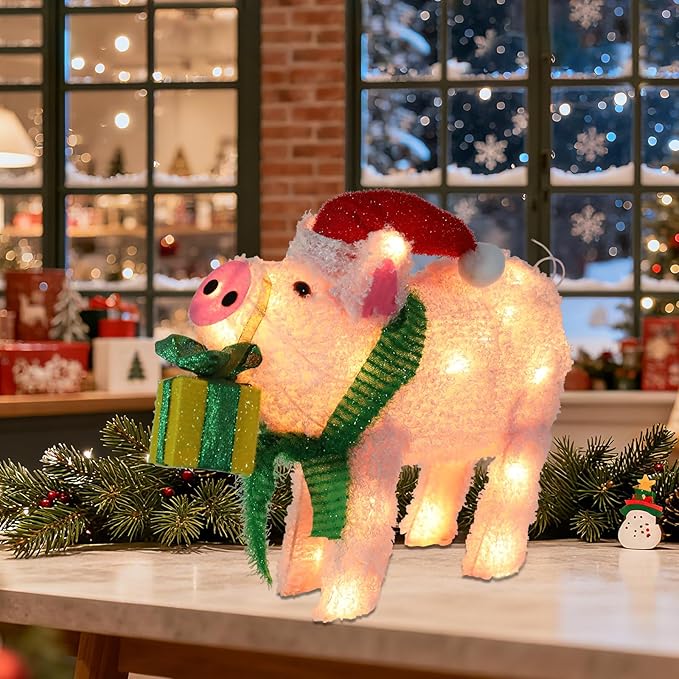 Christmas Lighted Pig Decoration 3D Glittered Fluffy Piggy with Gift Box Battery Operated Lighted Up Ornament Outdoor Indoor Christmas Decoration for Home Lawn Yard Garden Display