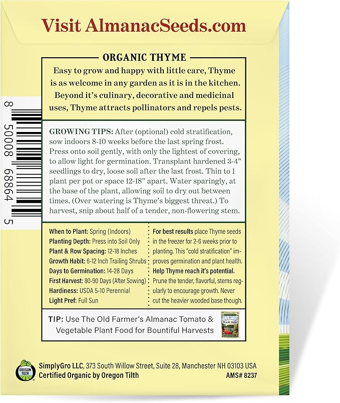 The Old Farmer's Almanac Organic Thyme Seeds - Approx 160 Seeds - Certified Organic, Non-GMO, Open Pollinated, Heirloom