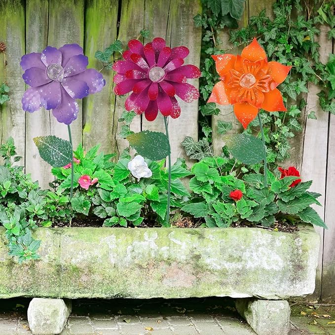 Floral Garden Stake Glow in Dark Plant Pick Water Proof Metal Flower Stick for Outdoor Garden Decor, Set of 3