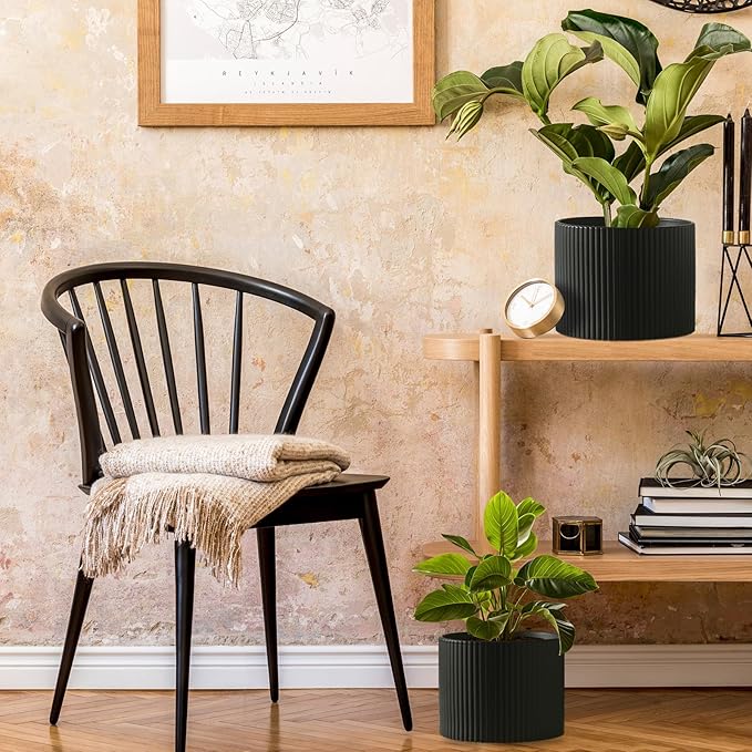 Matte Black Ceramic Plant Pots, 8.1 + 6 Inch Planters for Indoor Plants, Modern Flower Pots with Drainage, Two-Sizes Set
