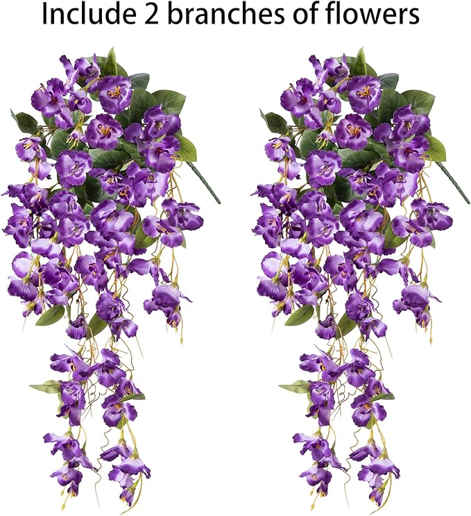 Artificial Hibiscus Fake Hanging Flowers Plants for Outdoors Spring Summer Decor, 2pcs Purple Silk Hibiscus Long Trailing Vines UV Resistant Realistic Faux Flower for Outside Front Door Porch Patio