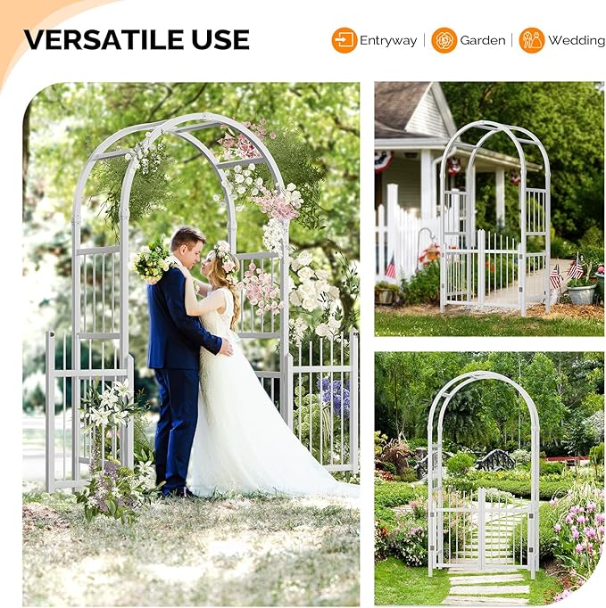 VINGLI Garden Arbor with Gate, PVC Frame Trellis Garden Arch for Plant Climbing, Vinyl Pergola Wedding Arch Backdrop Standing for Backyard, Lawn, Event (White)