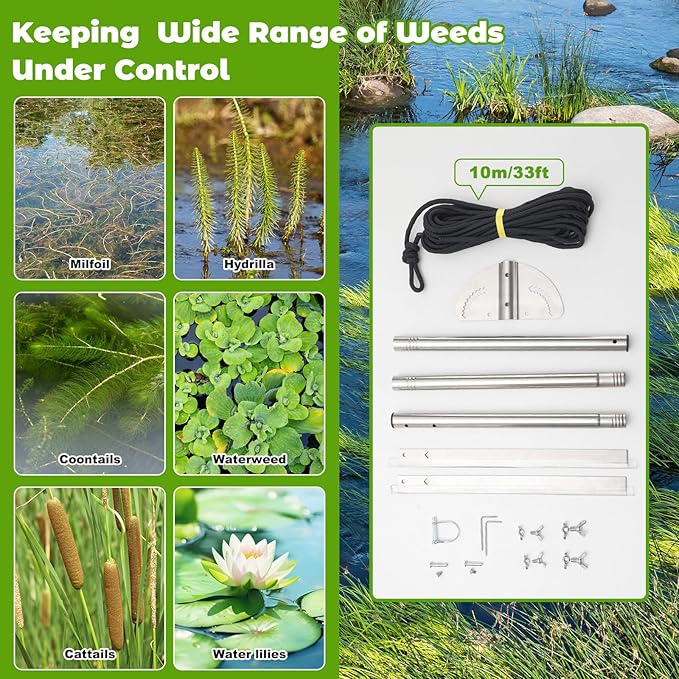 Lake Weed Cutter, Heavy Duty Large Aquatic Pond Plant Cutting Tool with Adjustable Cutting Angles,33 Foot Throw Rope,Pond Rake Weed Puller Killer for Cattail,Reed,Lilly,Chara Algae Removal Garden Tool