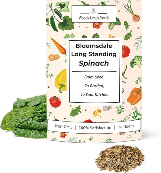 Woods Creek Seeds: Bloomsdale Long Standing Spinach Seeds for Planting - Over 400 Heirloom Spinach Seed Pack - Non-GMO Seed Pack for Planting Outdoors or Hydroponic Vegetable Gardening