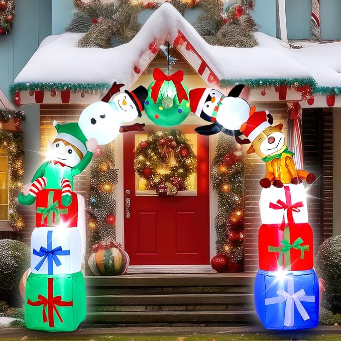 Leyndo 8FT Christmas Inflatable Arch Archway Outdoor Decoration with LED Lights Inflatable Elk Penguin Snowman Sitting on Gift Boxes Christmas Arch Blow up Yard Decor for Xmas Lawn Yard Garden Outside