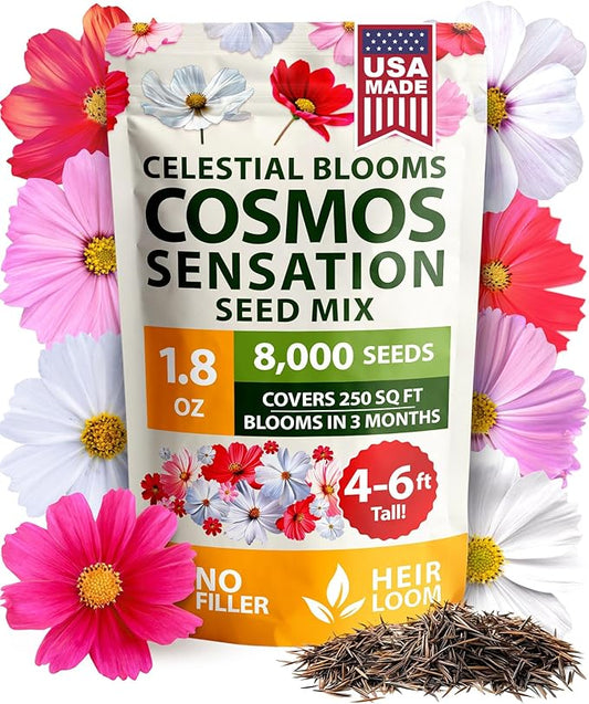 HOME GROWN Cosmos Flower Seeds Bulk Pack for 2026 (1.8 oz) 8,000+ Non GMO Heirloom Annual Wildflower Seeds – Pollinator-Friendly Mix for Pollinators & Outdoor Gardens