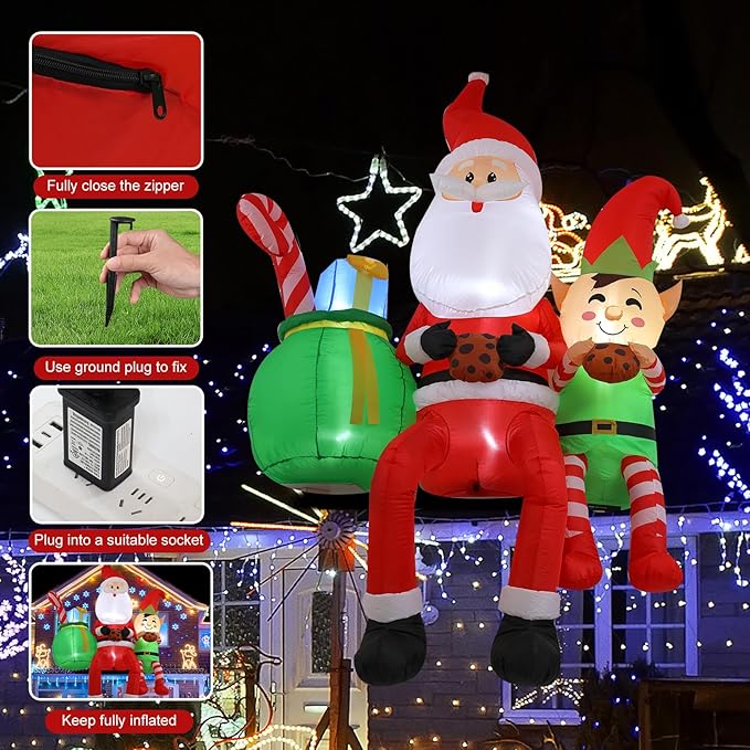 8FT Santa Claus Sitting on The Roof Christmas Inflatable Decoration with LED Lights, Suitable for Holiday Celebration Decorations in Courtyards, Lawns, Terraces, etc.