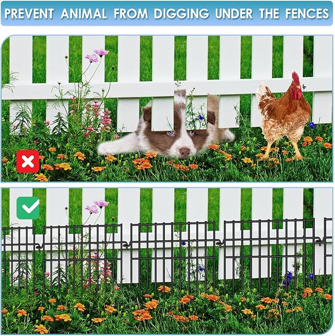 37ft (L) X 13in (H) Garden Animal Barrier Fence, 26 Pack No Dig Dog Fence Border, 1.44in Gap Decorative Fences, Rustproof Metal Wire Garden Border Fence for Dog, Rabbits Ground Stakes