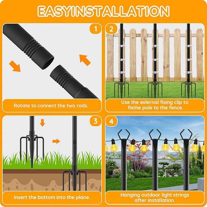 6 Pack String Light Poles, Outdoor String Light Pole 10 ft Forked Metal Light Pole with Adjustable Outdoor Light Stand, Deck, Backyard, Garden, Wedding, Rustproof and Sturdy with Hooks.