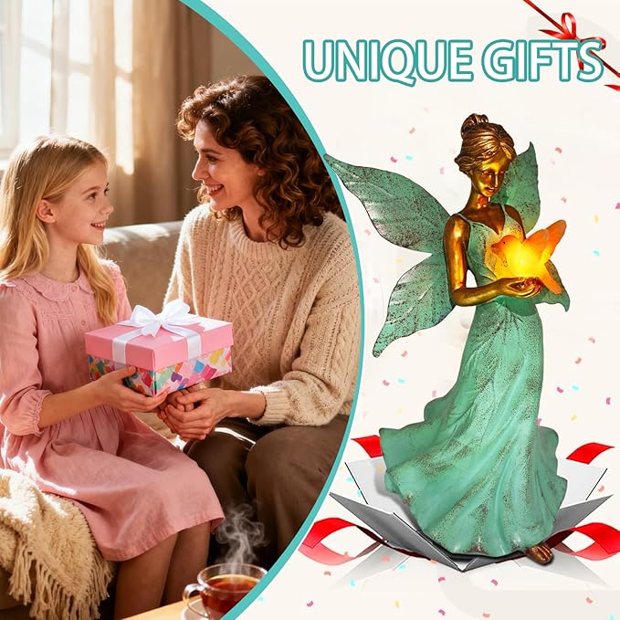 Solar Fairy Garden Statue Decor - Xmas Gifts for Women Mom Grandma Sister Christmas, 10 Inch Leaf Angel Girls Resin Home Decoration with Hummingbird LED Lights for Bedroom Balcony Outdoor Yard Patio