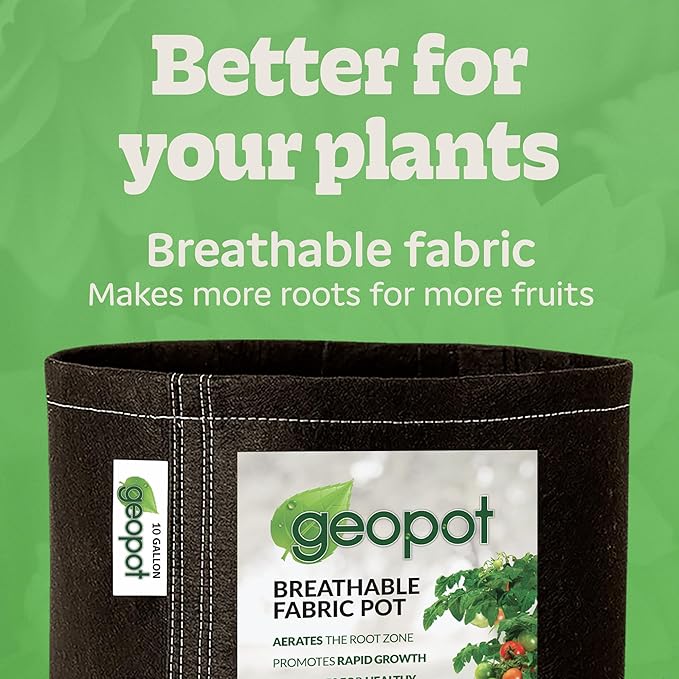 GeoPot 10 Gallon Fabric Grow Bags for Vegetables, Houseplants, Herbs & Flowers |5-Pack| Fabric Pots for Outdoors and Indoors, Aerated Fabric Grow Bags