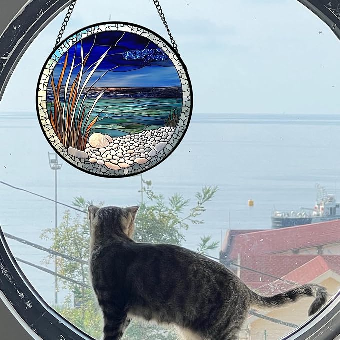 Stained Glass Window Hanging 4 Pcs Set Navy Blue Ocean Landscape Large 11.8" - Suncatcher Door Garden Sun Catcher Decor Birthday Mother's Day for Mom Woman Nana Girl Boy Friend