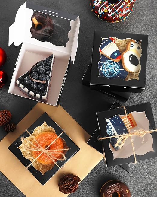 qiqee Black Bakery Box with Window 4x4x2.5 inch 30Packs Macaron Boxes Small Donut Pastry Boxes for Party Mini Cookie Boxes