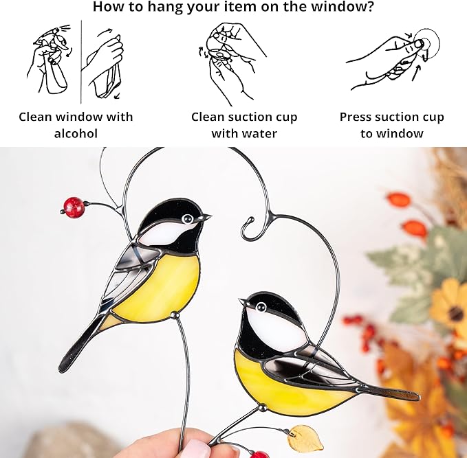 Gift Birds Handmade Chickadee Stained Glass Suncatchers Genuine Stained Glass Window Hanging Unique Indoor Ornament & Outdoor Decor (Pair of Chickadee)