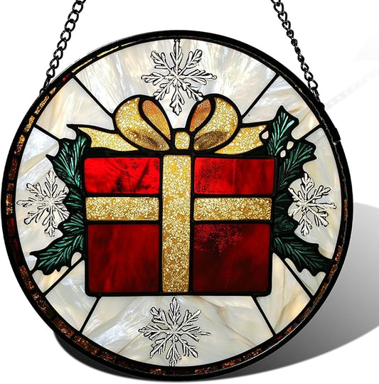 Stained Glass Window Hanging - Snowflake Gift Box Suncatcher for Doors Home Christmas Decoration Winter Sun Catcher Thanksgiving New Year Birthday Gifts for Women Men Mom Nana Girl 11.8 in