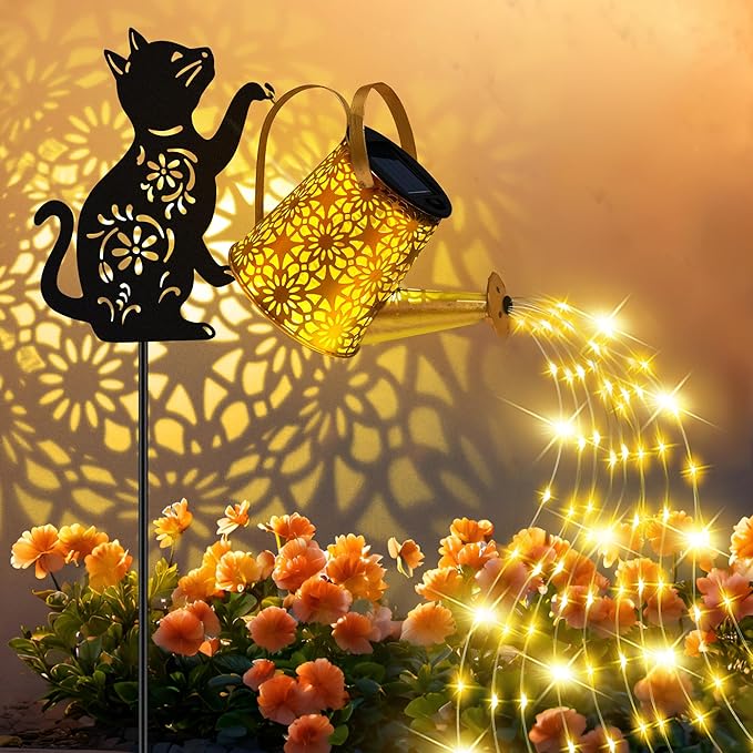 Solar Lights Outdoor Decorative, Watering Can with Cascading Lights, with Cat Silhouette Garden Stakes, Waterproof Metal Garden Decor for Yard Art, Outside, Patio, Lawn Ornaments 2PACK