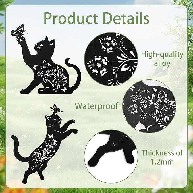 Cat Decorative Garden Stakes, 3 Pcs Cat Lover Gifts for Women Men Metal Garden Stakes, Butterfly Floral Silhouette Outdoor Yard Art Lawn Decor