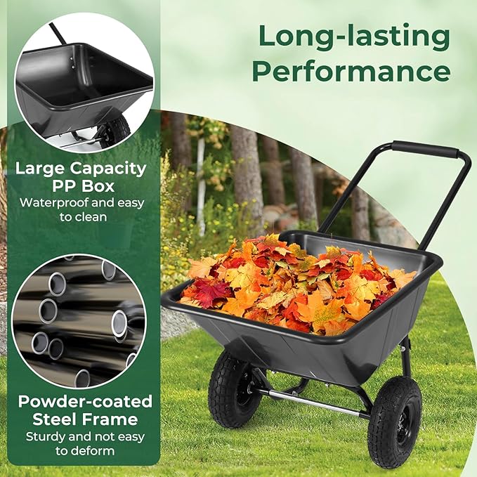 ARNOT Dual-Wheel Wheelbarrow, 330 LBS Utility Garden Cart with 10” Pneumatic Tires, Lightweight Home Yard Wheelbarrow, Perfect for Transporting Soil Bricks and Construction Materials