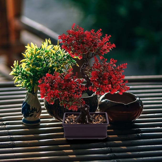 Cabilock Fake Bonsai Tree, Artificial Red Bonsai Tree, Plastic Japanese Potted Pine Decoration for Home Office Showcase Indoor Desktop Display