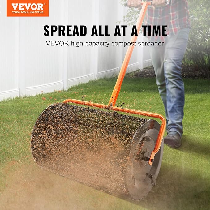 VEVOR Compost Spreader, 24.4-25.6" Height Adjustable Handle, 24" Wide, Lawn and Garden Peat Moss Roller with Side Latches, Powder Coated Steel Mesh Basket for Spreading Manure, Topsoil, Black